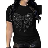 RoseSeek Women's Rhinestone Sequin Bowknot Graphic Tees Short Sleeve Crewneck Summer Tops Going Out T Shirt