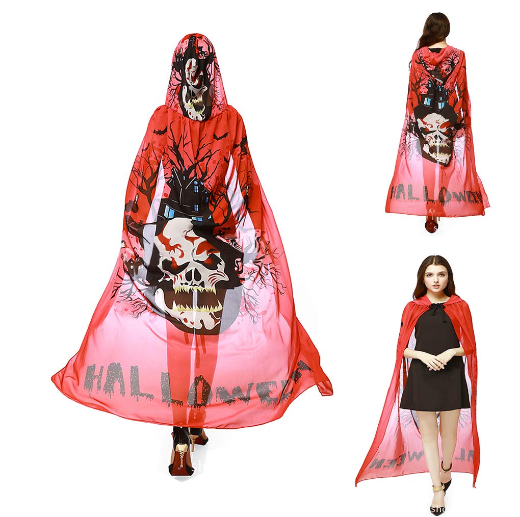 Moonlove Adults Long Hooded Halloween Cape Cloaks Thin Chiffon See-through Wizard Cosplay Costume With Hat Cap for Women Fairytale Fancy Dress Robe Costume for Halloween Cosplay Party, Red Skull