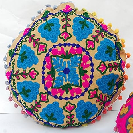 Amazon Handicraftofpinkcity 2個コットンsuzani装飾ラウンドクッションカバー刺繍ウズベキスタンスタイル手作り枕 カバーオットマンカバーwith Pom Pom Indianラウンドクッションpuffeカバー 枕カバー ピローケース オンライン通販