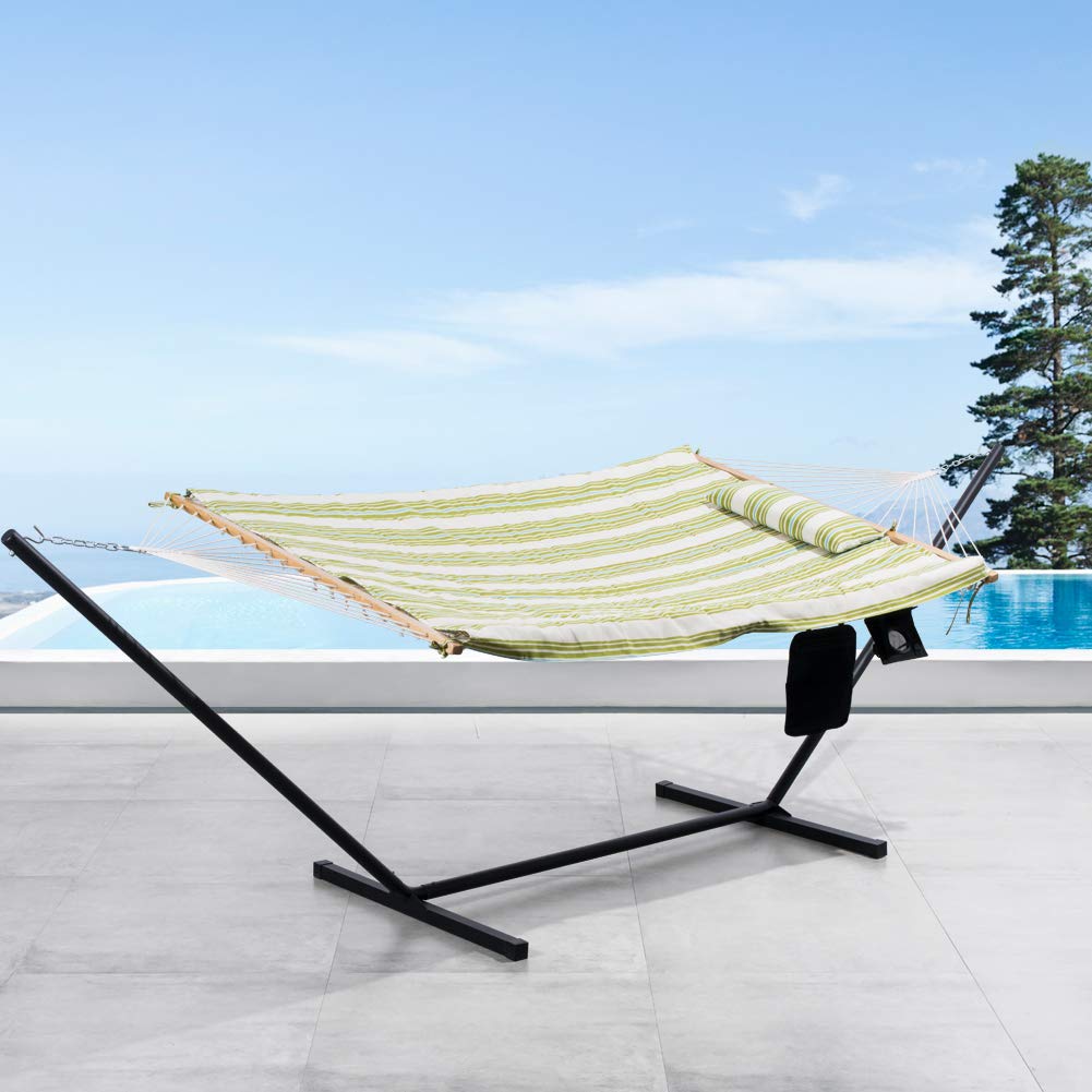 SUNCREAT Cotton Rope Hammock for Two People with Thick Hardwood Spreader Bars, Quilted Fabric Pad & Detachable Pillow, Extra Large Indoor/Outdoor Hammock with 12 FT Steel Stand, Ipad Bag & Cup Holder