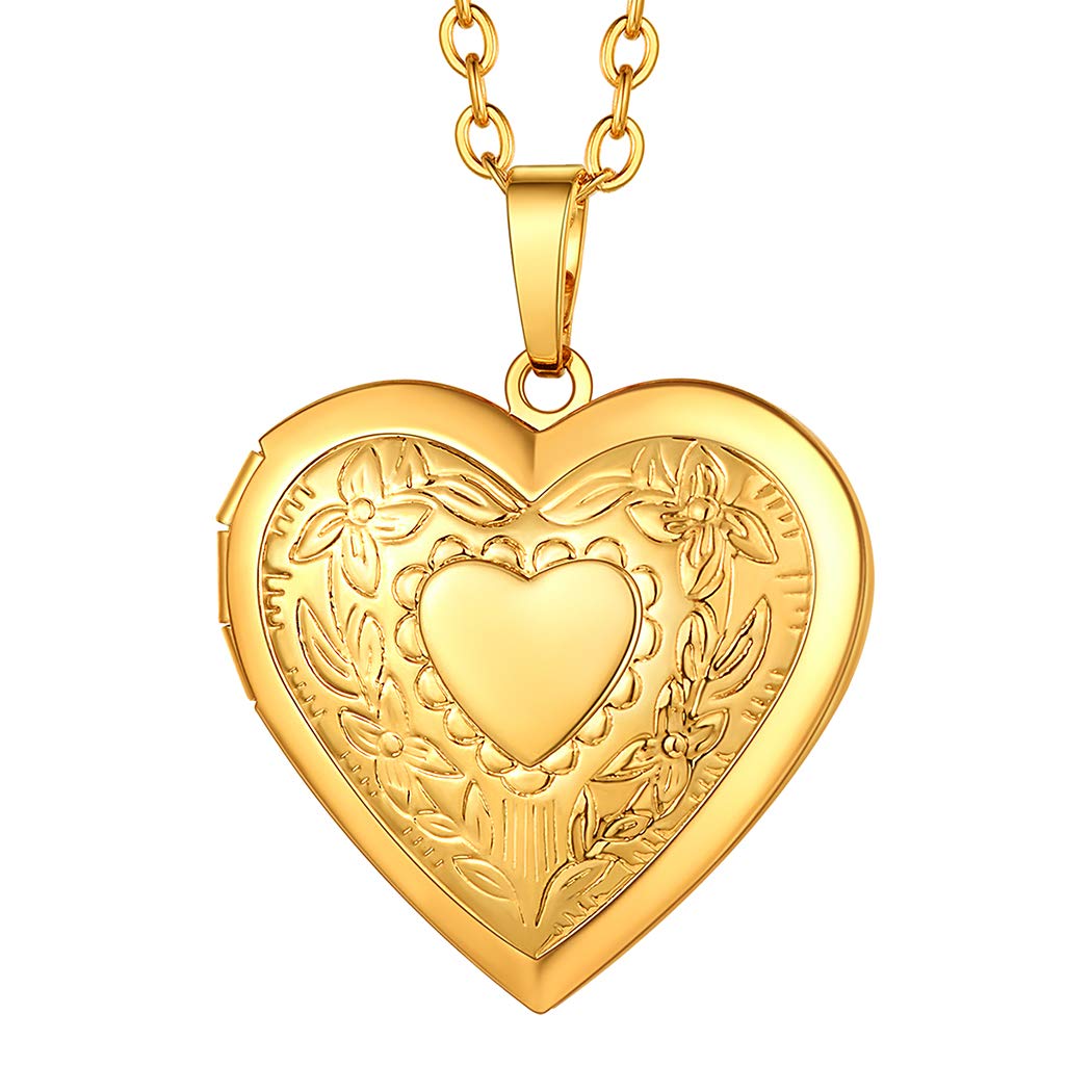 Suplight 18K Gold Plated Heart Locket Necklace with Picture Inside, Expanding Photo Locket Necklace, Vintage Flower Heart Shaped Locket Pendant Necklace for Women Girls