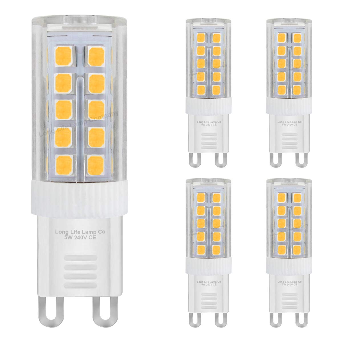 Long Life Lamp Company 5w G9 LED Bulbs Warm White Equivalent 40w High Power Replacement for Capsule 240v Super Bright 5 Pack