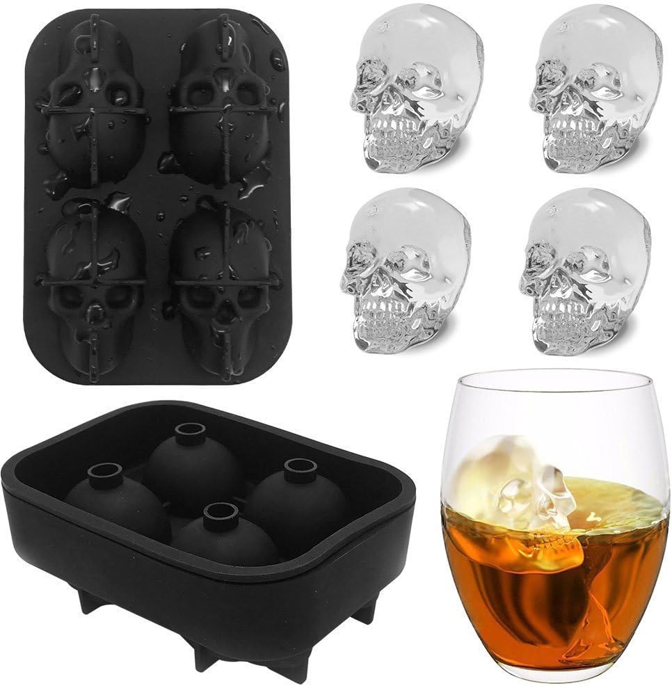 3D Stereo Silicone Ice Cube 4 Hole Skull Food Grade Silicone Ice Cube Mold for Whiskey, Cocktails Candy and Chocolate (Black)