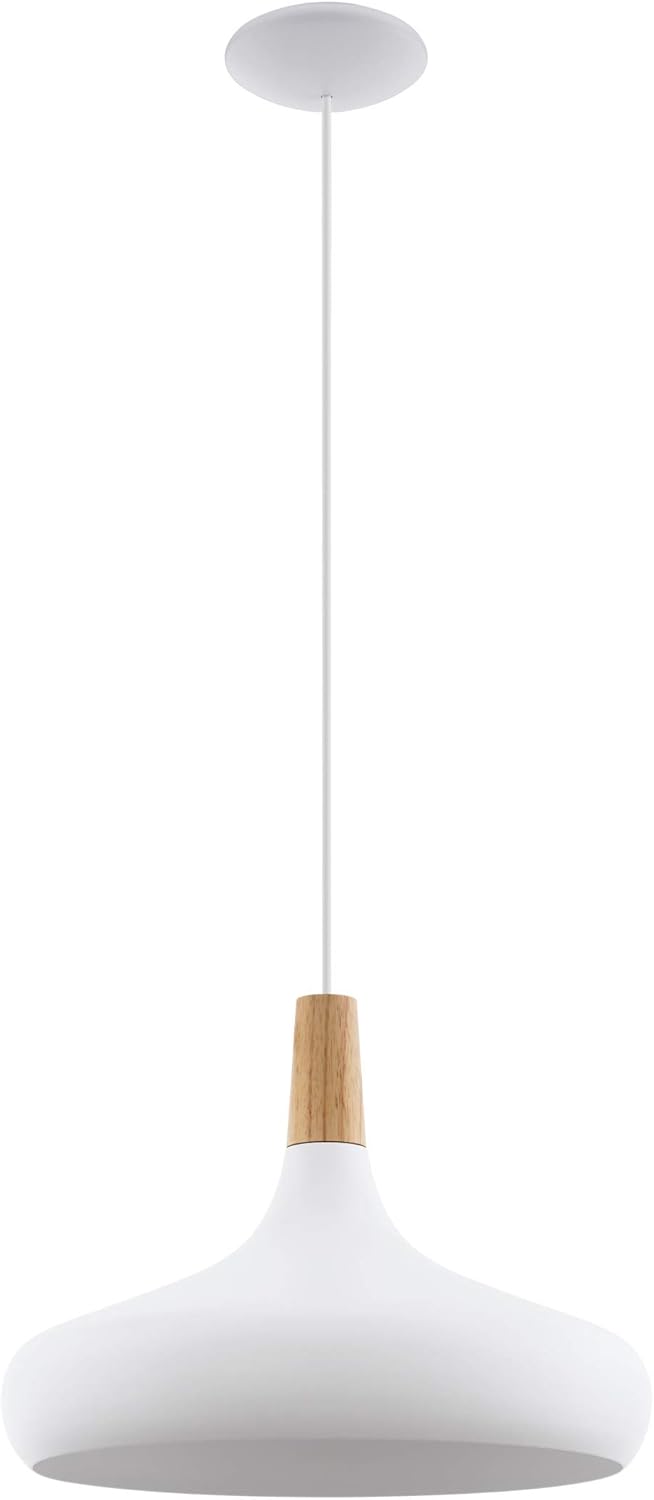 Eglo Sabinar Pendant Light, Steel and Wooden Hanging Lamp Coloured in White and Brown, E27 Socket, Socket: E27 - Image 3