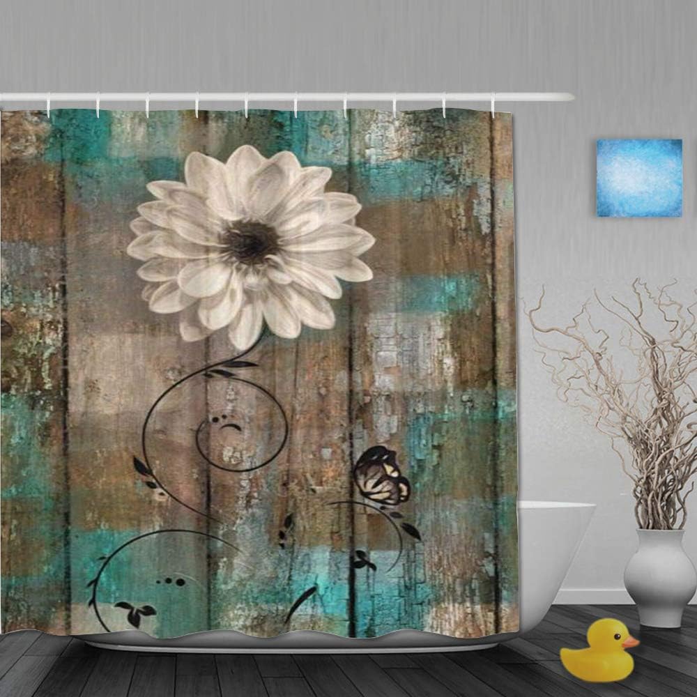 Amazon Com Migaga Decoration Shower Curtain Rustic Floral Butterfly White Flower Teal Brown Vintage Modern Bath Curtains Waterproof Fabric Bathroom Decor Set With Hooks 72x72inch Home Kitchen