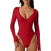 QINSEN Women's Long Sleeve Bodysuit V Neck Body Suits Seamed Cup Going Out Tops Shirt