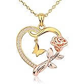Alsanix Heart Necklace for Women Sterling Silver/14k Gold Plated/Rose Gold CZ Romantic Rose and Butterfly Jewelry for women Birthday Valentine's Day Gift for Girls