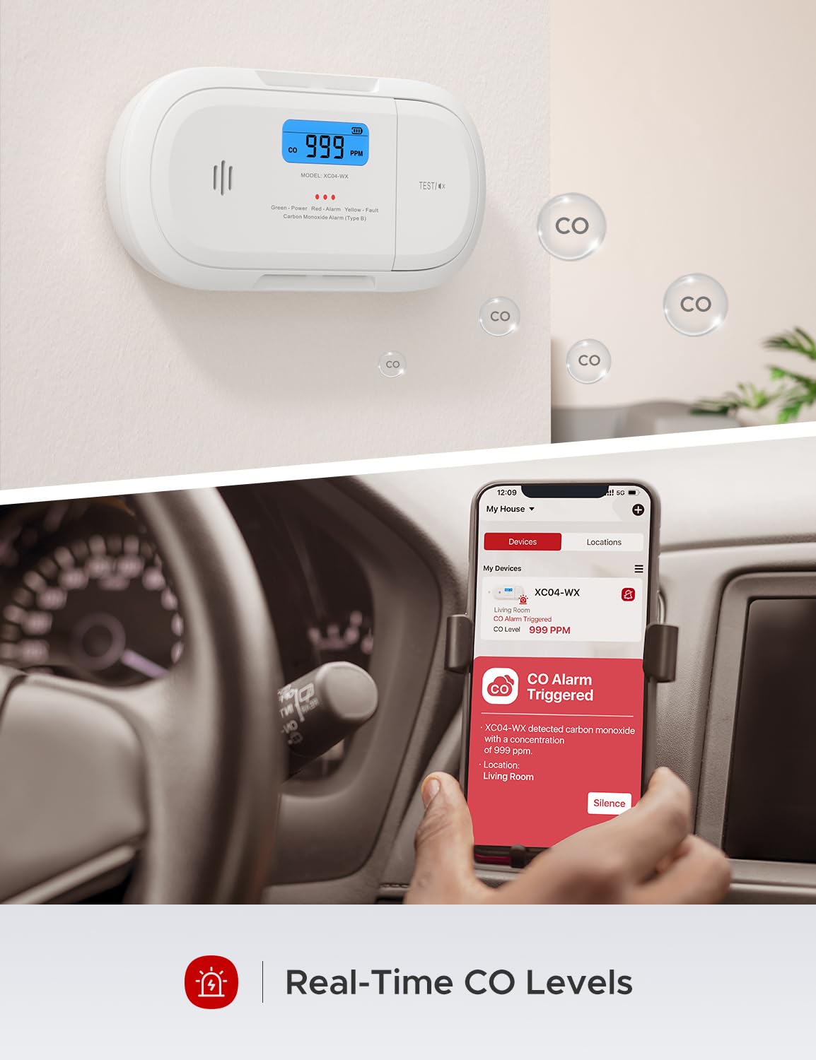 X-Sense Smart Carbon Monoxide Detector, Wi-Fi CO Detector, Real-Time Push Notifications via X-Sense Home Security App, Replaceable Battery,XC04-WX