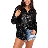 Sequin Button Down Shirt Open Front Long Sleeve Glitter Sequin Top Sparkle Top Blouse with Pocket
