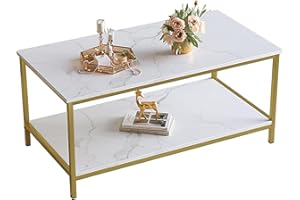 SAYGOER Modern 2-Tier Coffee Table for Living Room White Gold Coffee Tables Industrial Rectangle Wood Table for Large or Small Spaces Home Office Apartment, White Gold