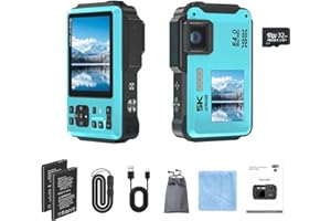 RISXHGYSES 5K Underwater Camera 16FT Waterproof Camera with 32GB Card 64MP Autofocus Dual-Screen Selfie Underwater Camera for Snorkeling Waterproof Compact Floatable Digital Camera 1200mAh Battery Type-C (Blue)