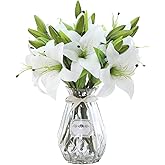 Aiinoo 5pcs Artificial Lily Faux Flowers Plastic Easter Tiger Lily Real Touch Bouquet for Wedding Party Home Garden Hotel Decor (White)