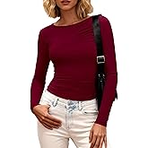 BTFBM Womens Tops 2025 Fall Clothes Long Sleeve T Shirts Boat Neck Ruched Slim Fit Casual Stretchy Going Out Outfits