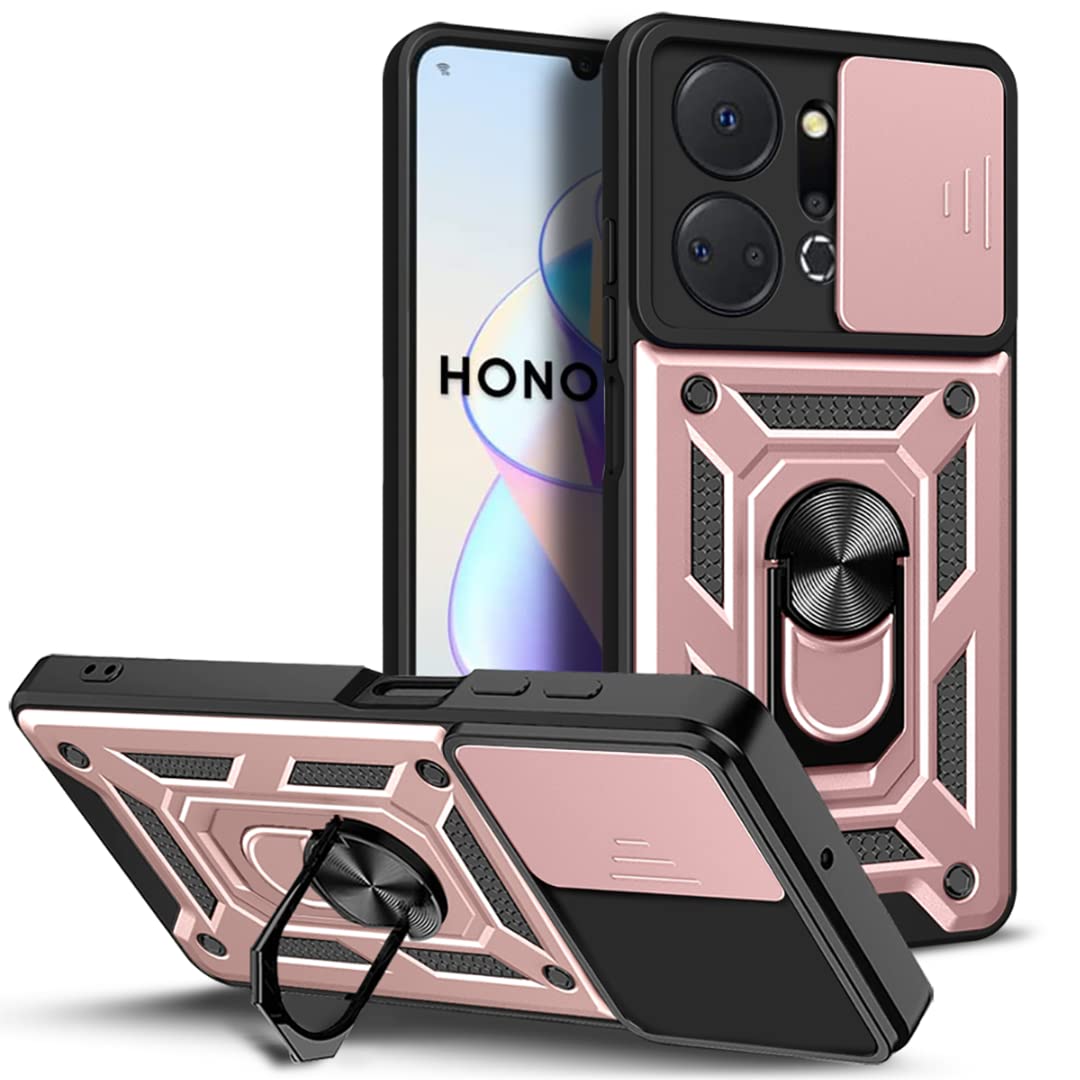 JIAFEI Case for Honor X7a, Dual Layer Anti-Scratch Shockproof Hard TPU+PU Cover, with Slide Camera Cover, with Ring Kickstand, Rose gold