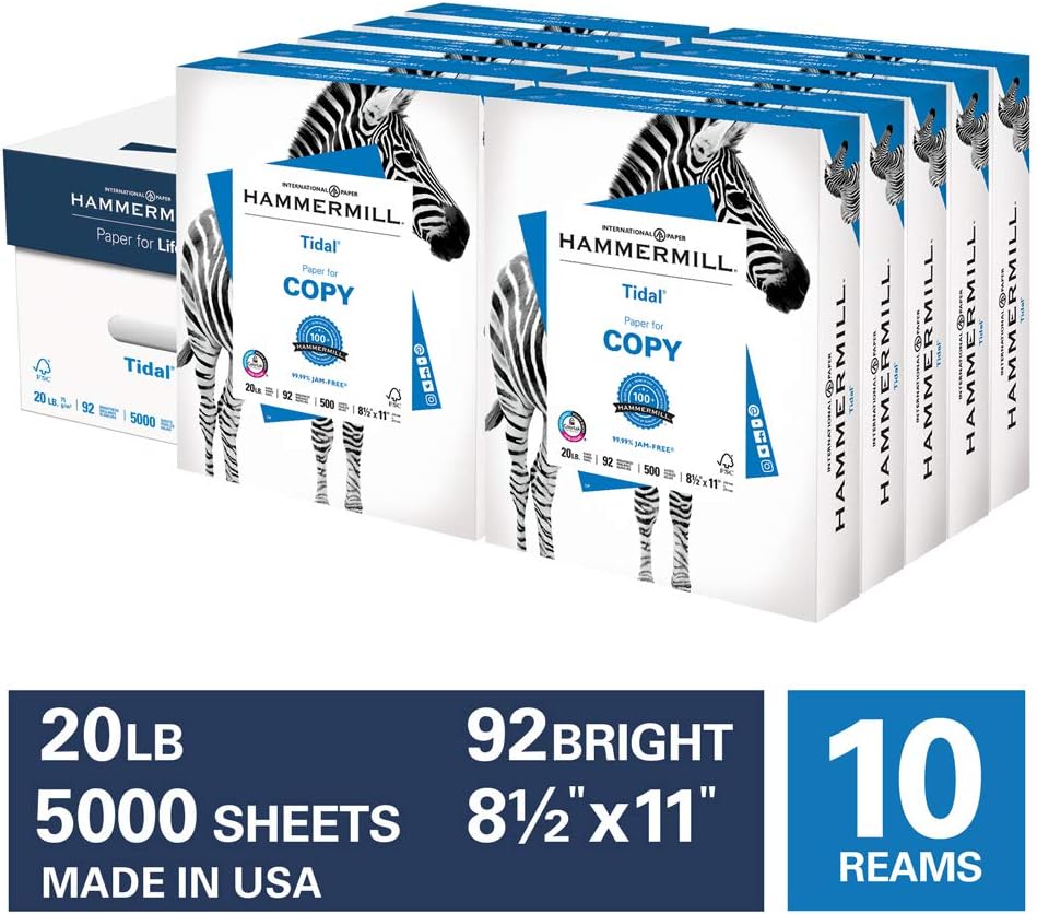 Hammermill Tidal 20lb Copy Paper, 8.5x 11, 10 Ream Case, 5000 Sheets, Made in USA, Sustainably Sourced From American Family Tree Farms, 92 Bright, Acid Free, Multipurpose Printer Paper, 162008C : Multipurpose Paper : Office Products