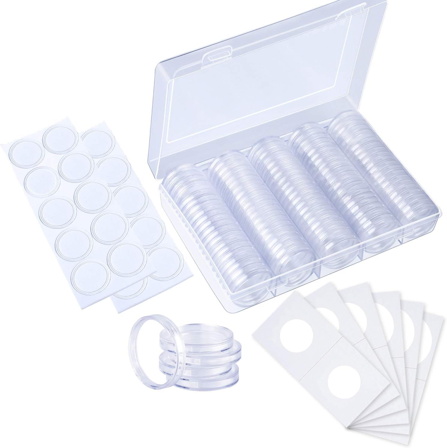 Squadare 100 pcs 30mm Coin Capsules and 3 Sizes (25/27/30) Protect Gasket Coin Holder Case with Plastic Storage Organizer Box for Coin Collection Supplies,Send 30 pcs 6 Sizes Cardboard Coin Holder