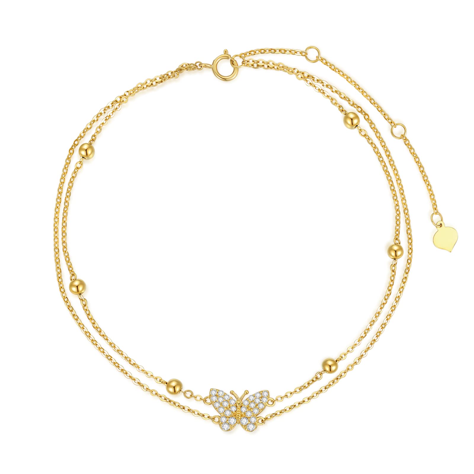 SISGEM 9 ct Gold Butterfly Anklet, Solid Yellow Gold Beaded Layered Anklet, for Women Girls Ladies Mum Sisters, 8"+0.7"+0.7"+0.7"