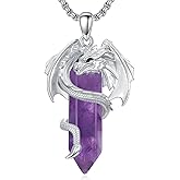 Qyvit Dragon Necklace for Men Women Obsidian/Quartz/Amethyst Crystal Necklace Cool Dragon Jewelry Natural Gemstone Jewelry