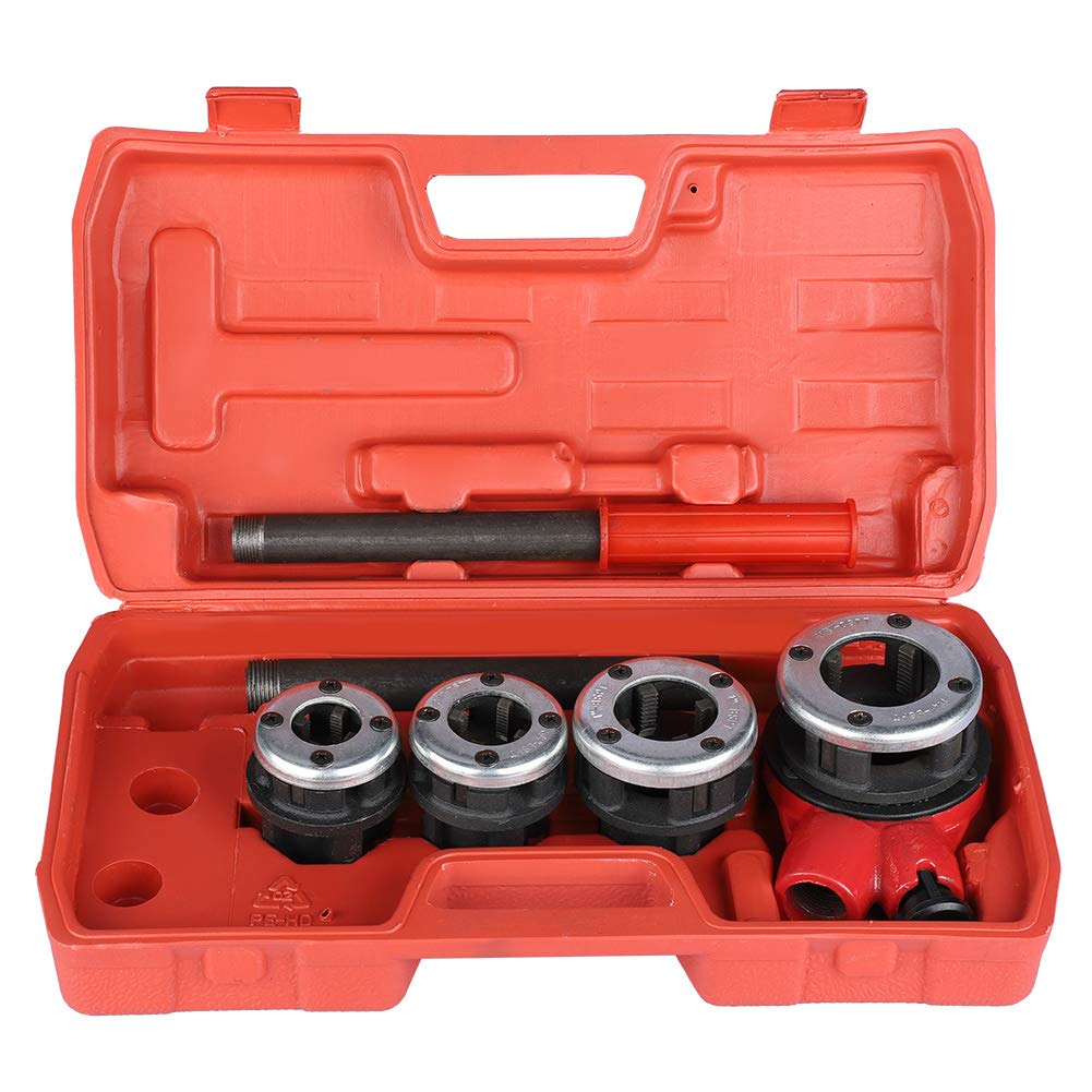 Pipe Threading Kit Taps and Dies Tool, Manual Pipe Threading Kit Set with 4 Dies 1/2" 3/4" 1" 1-1/4" Pipe Threader Tool and Firm Case, 5Pcs Pipe Threading Manual Plumber Threader Tool Kit Set