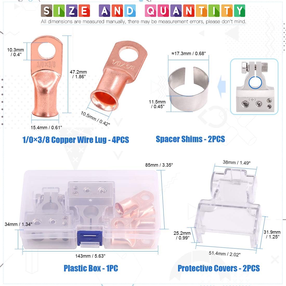 Glarks 8Pcs Silver Car Battery Terminal Connectors with Copper Wire lugs Ring Terminals Set - Image 4