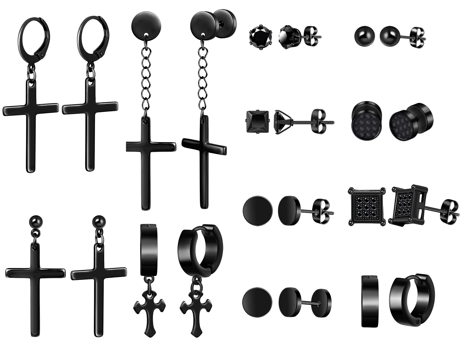 MicVivien 12 Pairs Black Earrings Set Men Women Stainless Steel Cross Dangle Earrings Round Studs Faux Fake Gauges Earrings Huggie Hoop Piercing Earrings Jewelry Set