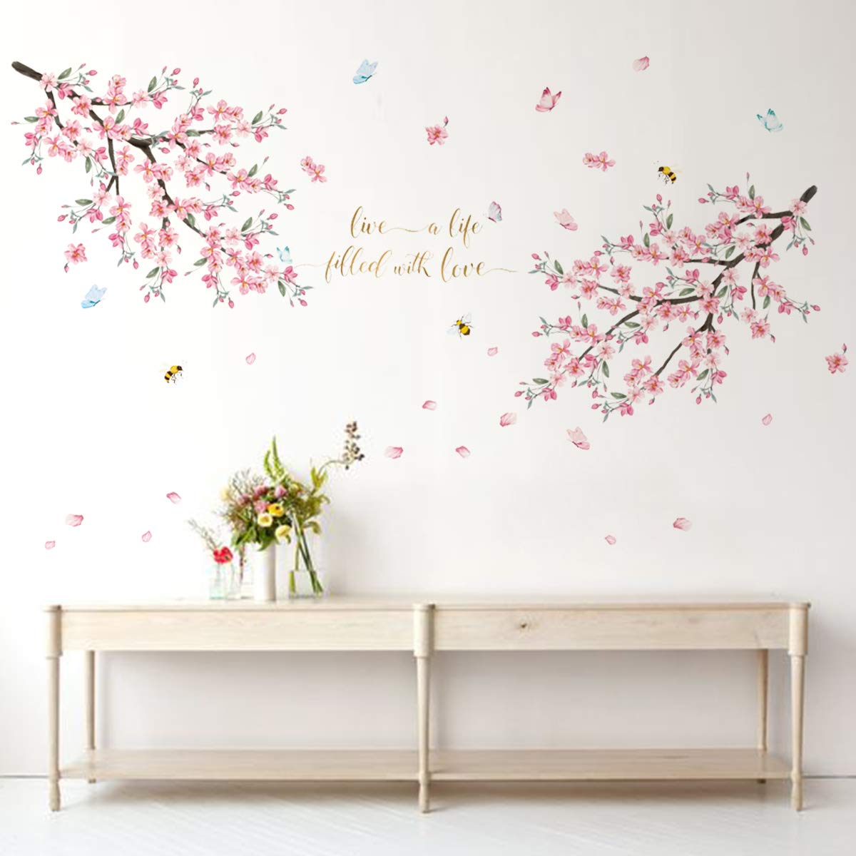 Runtoo Cherry Blossom Wall Decal Flower Tree Branch Wall Art Stickers Living Room Bedroom Wall Décor