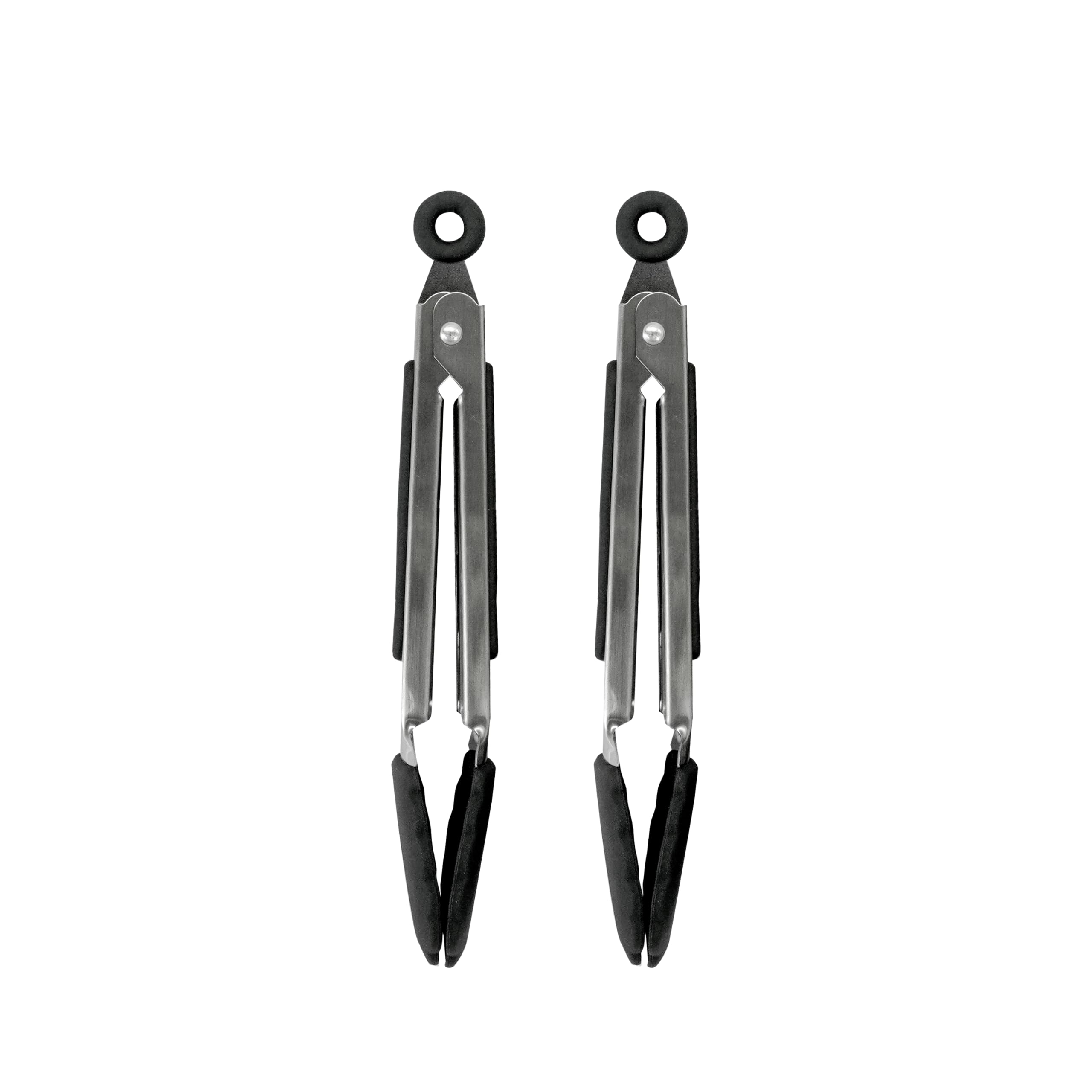 Fackelmann Stainless Steel Kitchen Tongs, Set of 2 with Locking Function, Silicone Function Head, TPR Handle, 21cm, Silver & Black