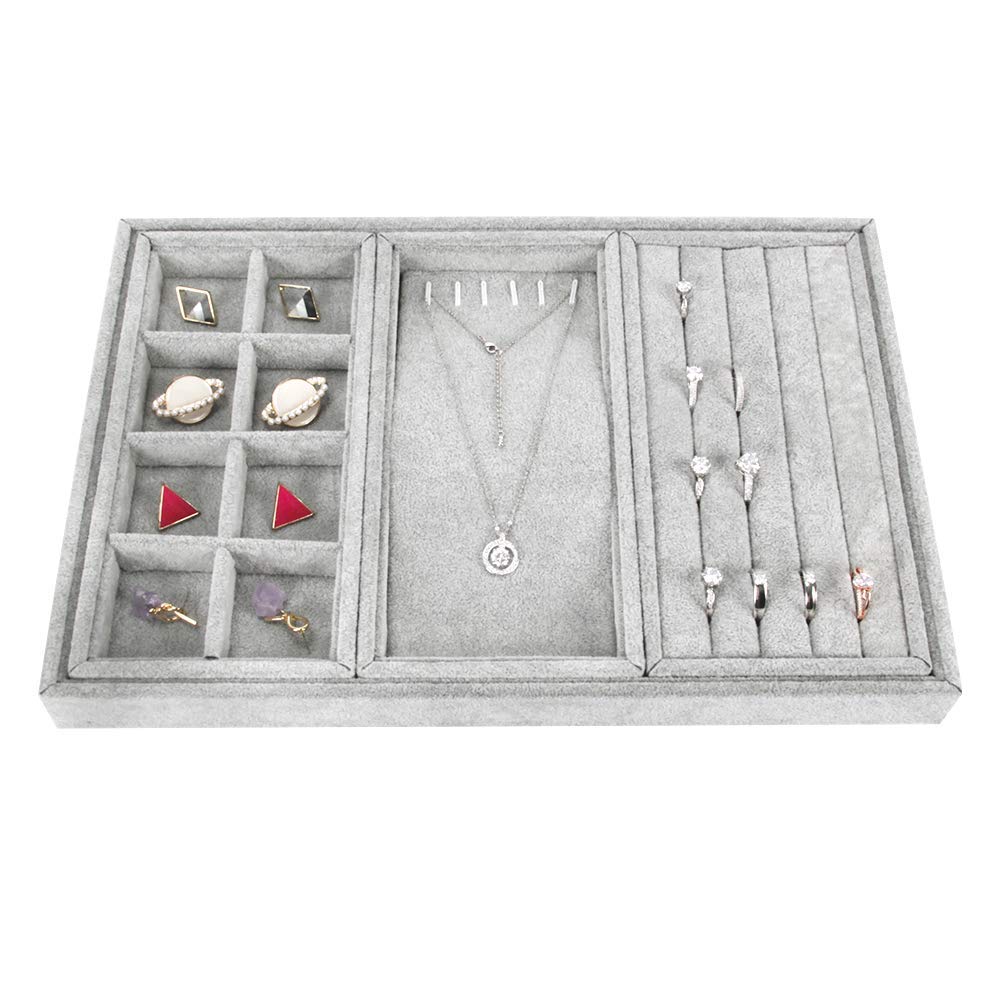 GossipBoy Premium Removable Large capacity Velvet Display Tray for Earring, Ring - Necklace Storage Organizer Case, 3 Compartments (Grey)