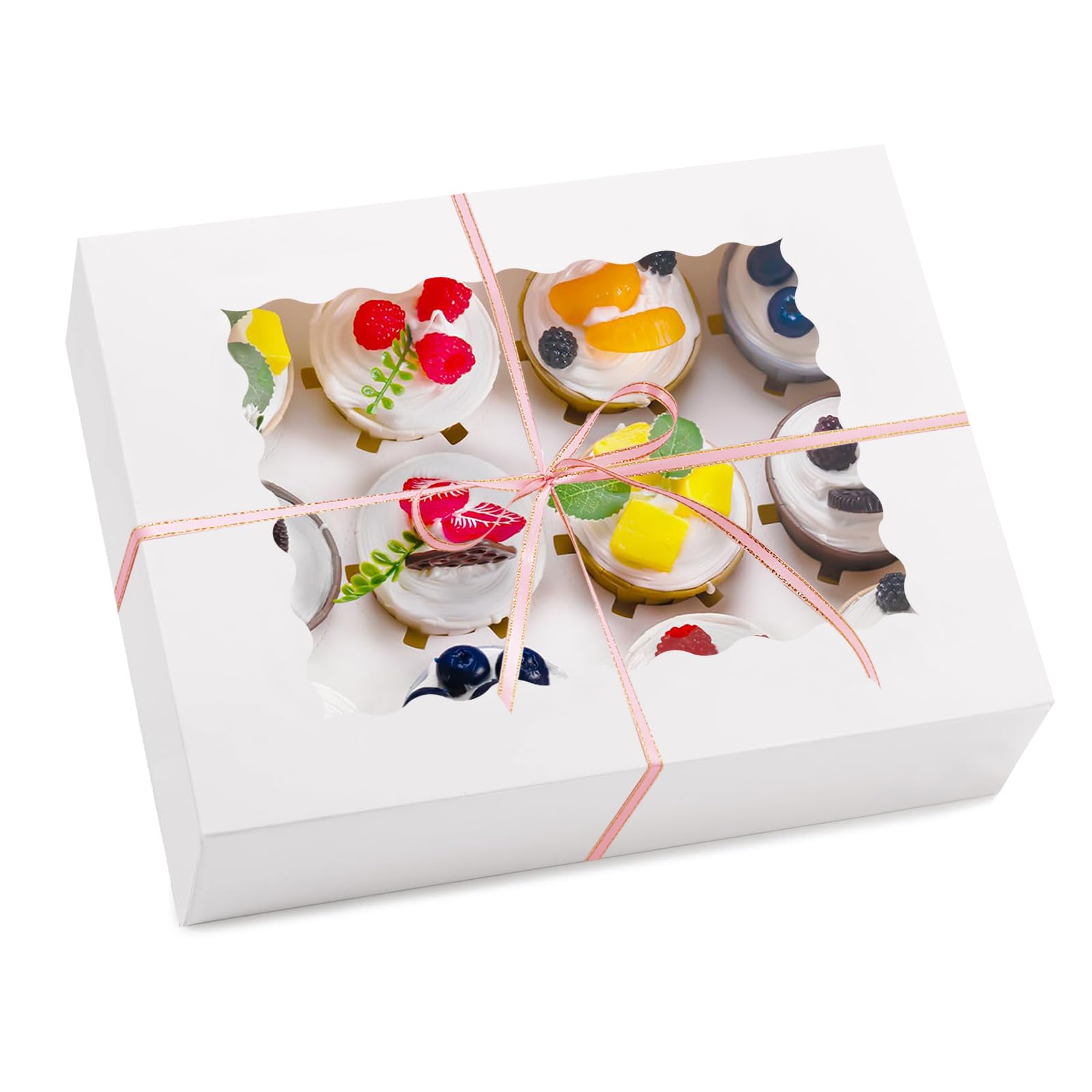 SUPERFA 10Pcs 12 Hole Cupcake Boxes with Window for Home Baking and Cake Shop (No Folding) (White)