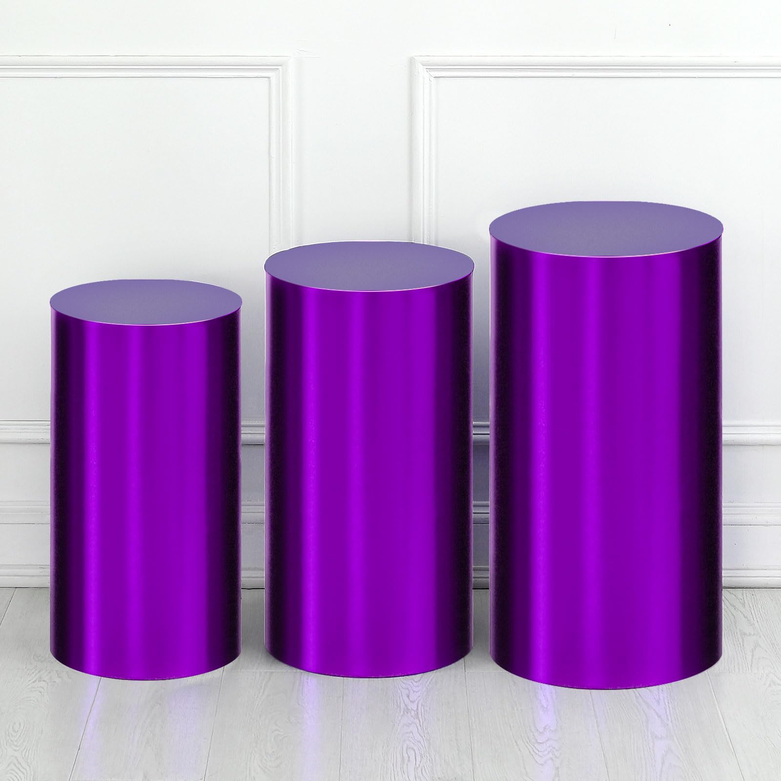 Photo 1 of uxcell Set of 3 Purple Cylinder Spandex Stand Covers, Plinth Stand Cover for Party Wedding Birthday Decoration, Only Contains Cylinder Covers (Foil Fabric - Small)
