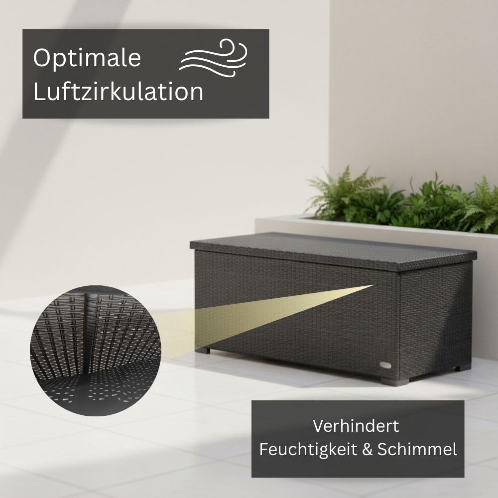RS Trade Auflagenbox wasserdicht, Gartenbox, Aufbewahrungsbox Garten, Kissenbox Outdoor, Gartentruhe, große Gartenkiste für Polster, wetterfeste Garten-Aufbewahrung, Polyrattan, 650l, silber 6
