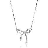 Reffeer Solid 925 Sterling Silver CZ Bow Necklace Choker for Women Teen Girls Crystal Bow Pendant Necklace Bowknot Choker Necklace