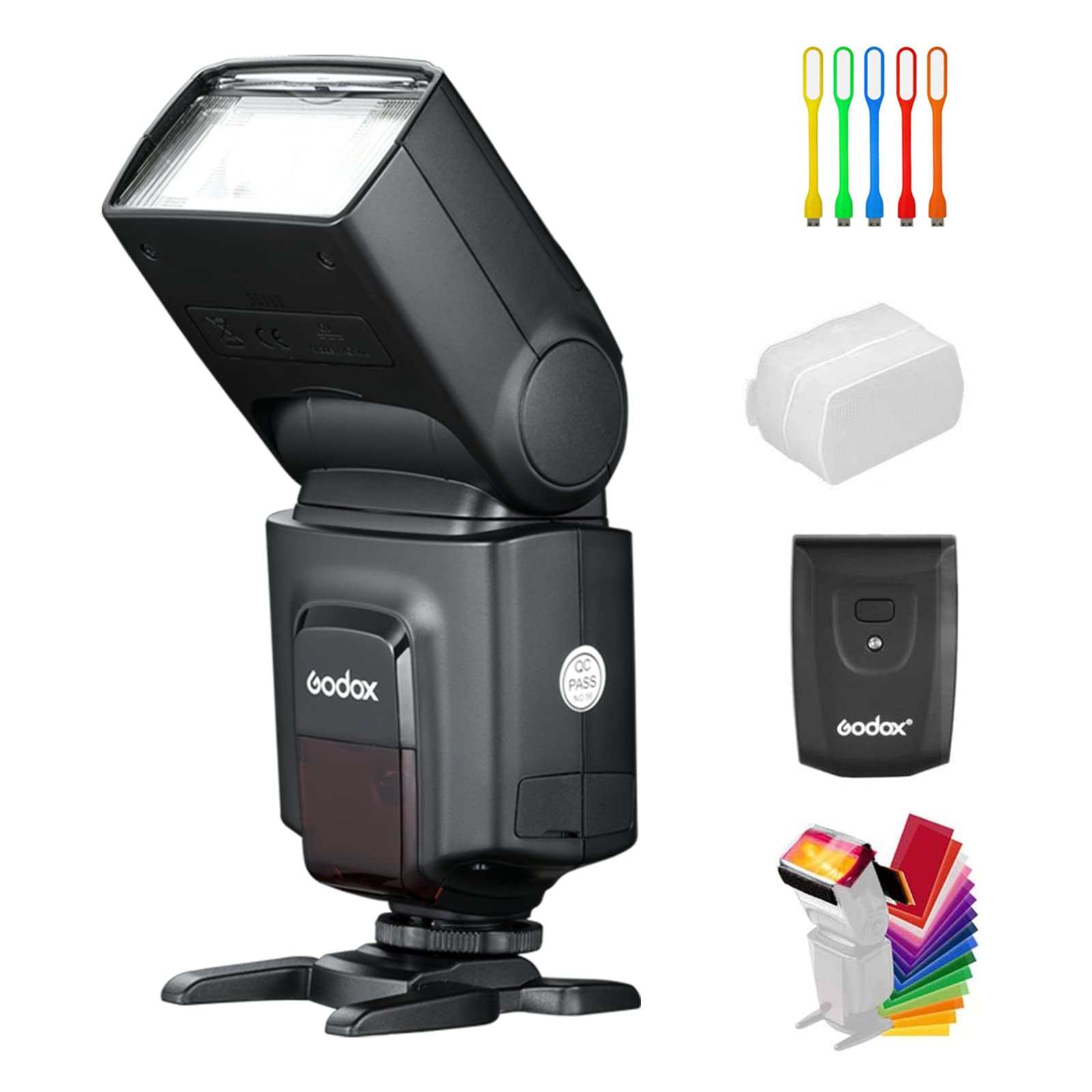 Godox Wireless 433MHz GN33 Cámara flash Speedlite con receptor incorporado con transmisor RT compatible para cámaras DSLR de canon Nikon Sony Olympus Pentax Fuji Fuji con difusor + filtros + LED USB