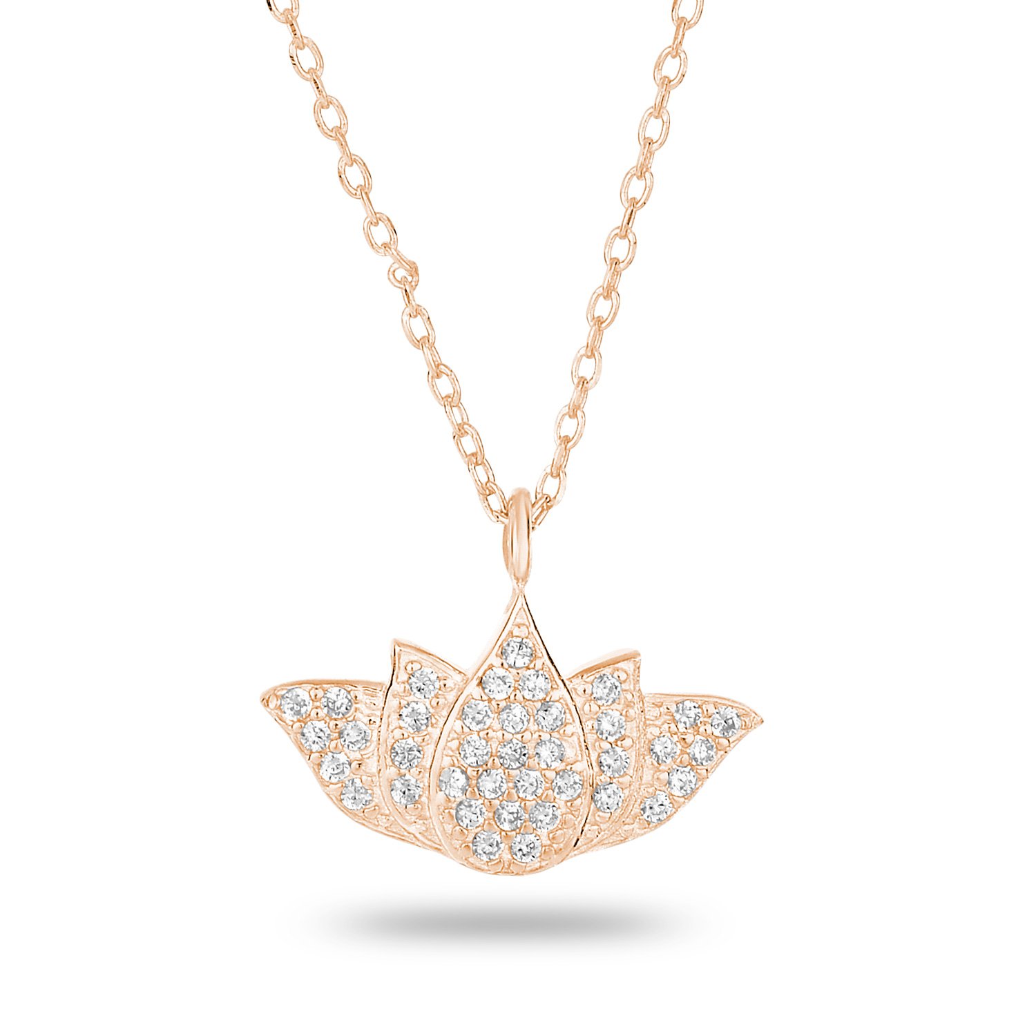 14k Rose Gold-Plated Sterling Silver Cubic Zirconia Pave Matte Finish Lotus Pendant Necklace, 18\