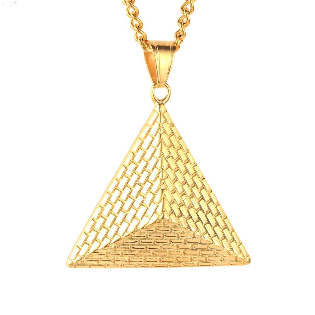 PAURO Stainless Steel Vintage Egyptian Pyramids Pendant Gold with Chain for Mens Necklace Wedding Promise