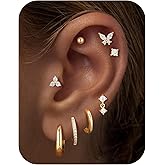 M MOOHAM Hypoallergenic Earring Stacks for Women, Flat Back Stud Earrings 14k Real Gold Plated Surgical Steel Cartilage Earring Set Cute Helix Tragus Huggie Hoop Drop Earrings Jewelry Gifts for Women