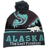 Alaska Beanie Knit Hat Northern Lights Polar Bear with Pom Pom Grey Purple Aqua