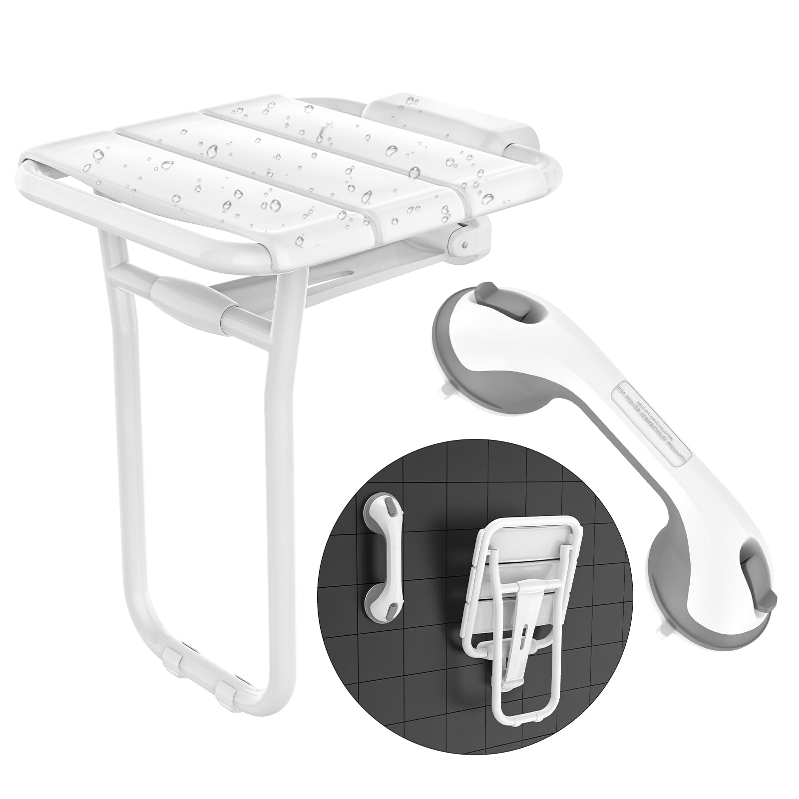 Photo 1 of Upgraded Folding Shower Chair & Bench, Wall Mounted Heavy Duty Shower Seat w/Legs & Assist Suction Grab Bar - 500lbs Capacity for Elderly, Adults & Pregnant Users
