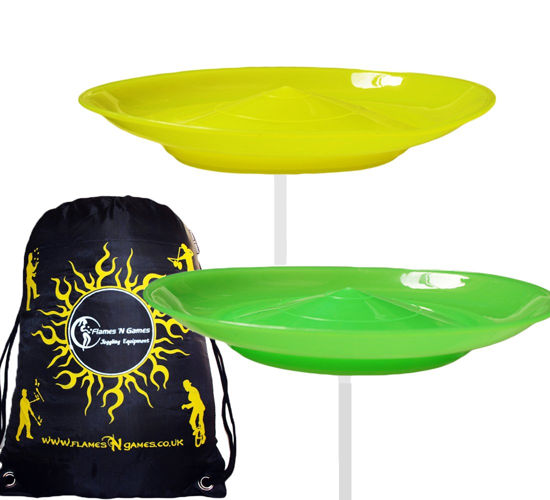 Flames 'N Games 2x Juggle Dream Spinning Plate Set (Green/Yellow) CLASSIC Circus Spinning Plates + 2-piece Sticks Travel Bag! Great fun for Kids & Adults.