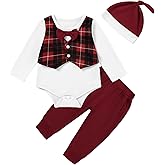 Latnnut Newborn Baby Boy Clothes Christmas Outfit Long Sleeve Gentleman Suit Faux Vest Romper + Hat + Pants Clothes Set