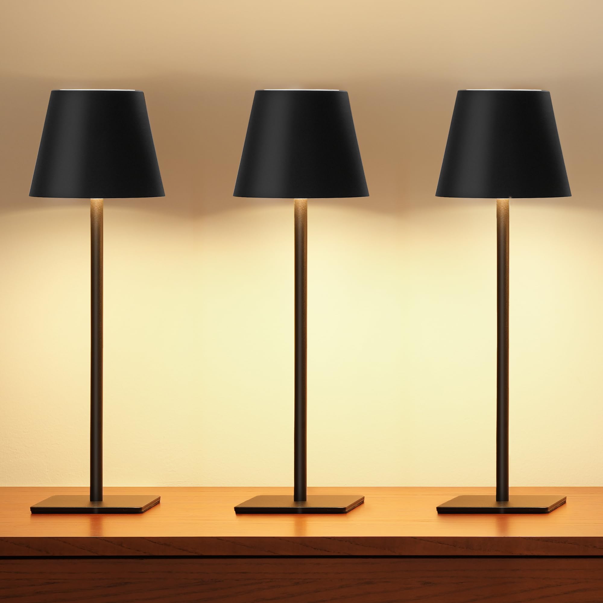 Photo 1 of UME 3 Pack Cordless Table Lamp, Battery Operated Lamp - Portable Waterproof Rechargeable Table Lamp w/ 3 Color Temps & Stepless Dimming for Dinner, Desk, Cafe, Outdoor (Black)