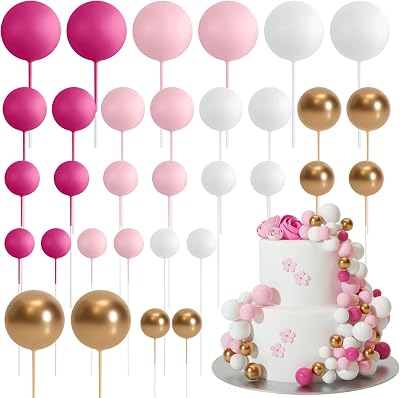 ASTARON 32 Pcs Ball Cake Topper Decorations Pink Gold Foam Balls Sticks
