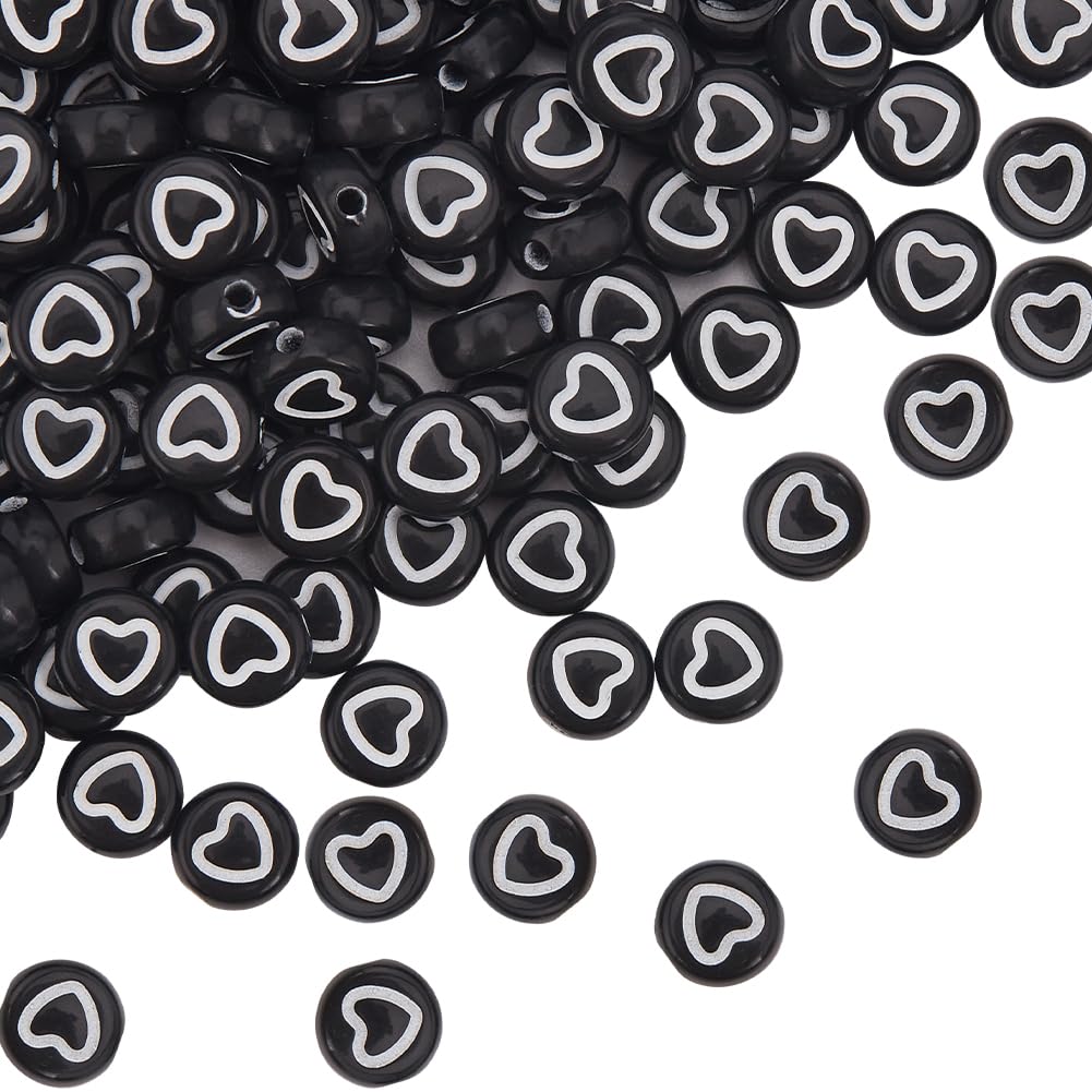 SUNNYCLUE 1 Box 500Pcs Acrylic Heart Beads Flat Round Love Heart Bead Bulk 7mm Mini Black White Pony Coin Disc Loose Spacer Beads for Bracelets jewellery Making Beading Valentine's Day Gifts DIY Craft