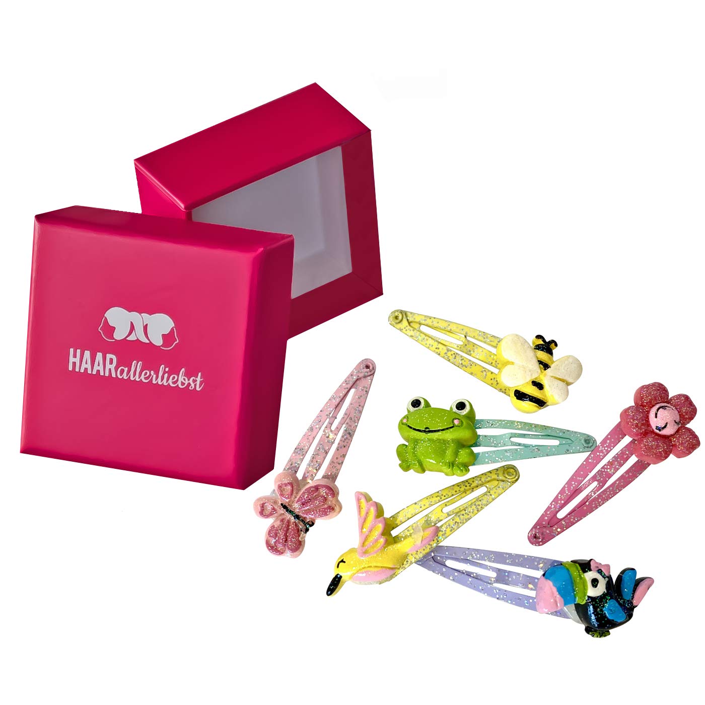 HAARallerliebst Girls Hair Clips Set (6 Pieces, Glittery Animals, Colourful) with Storage Box (Box Colour: Pink)