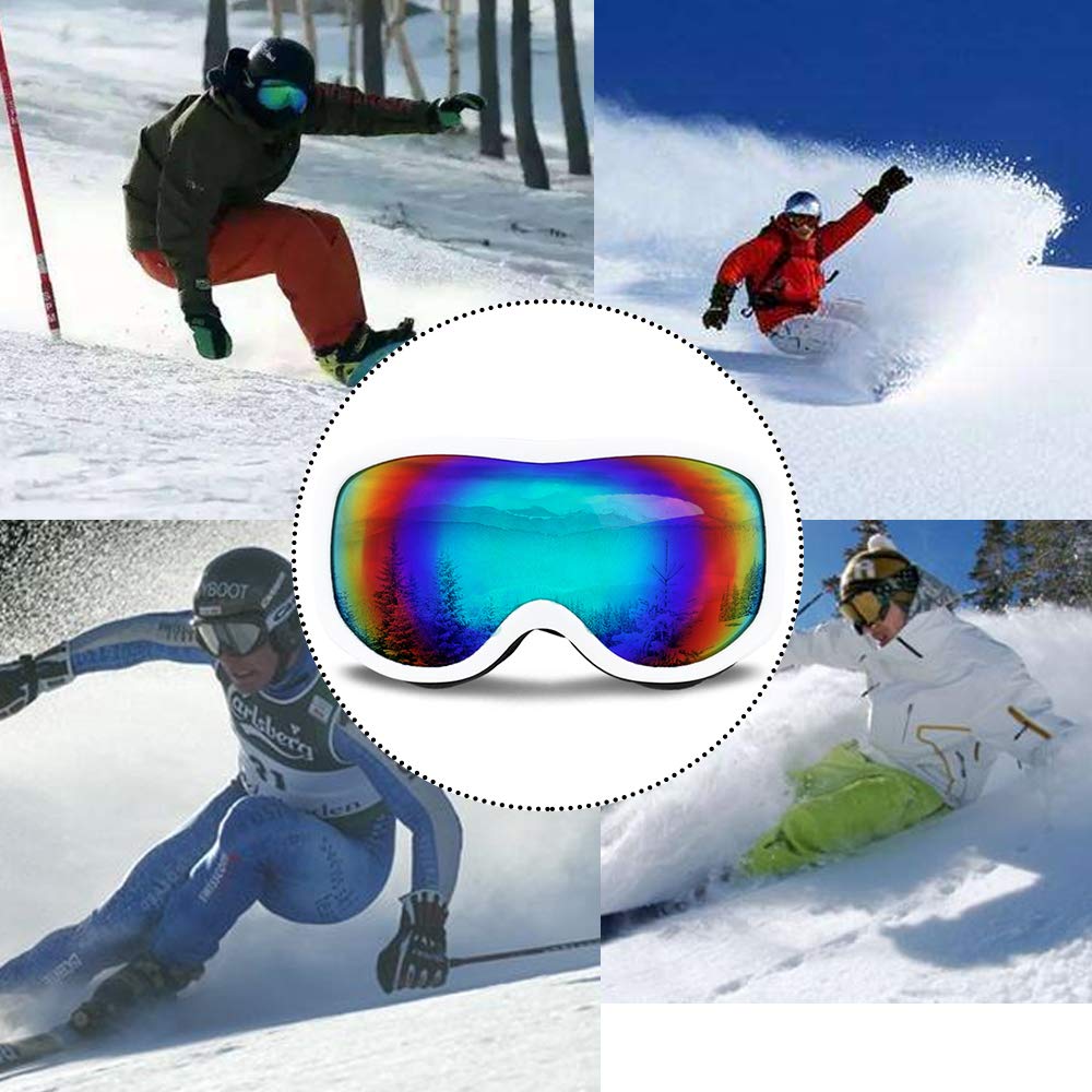 VAPELOPEK Ski Goggles OTG UV Protection Over Glasses Ski Snowboard Goggles for Men, Women&Youth (White Frame Green Lens)