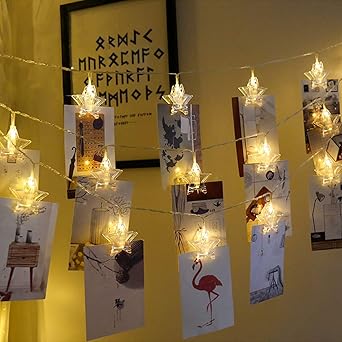 Manovruti LED String 16 Star Clips Fairy Twinkle Diwali Party Christmas Home Decor Festivals Lights for Decoration for Hanging Photos, Cards and Artwork - Warm White