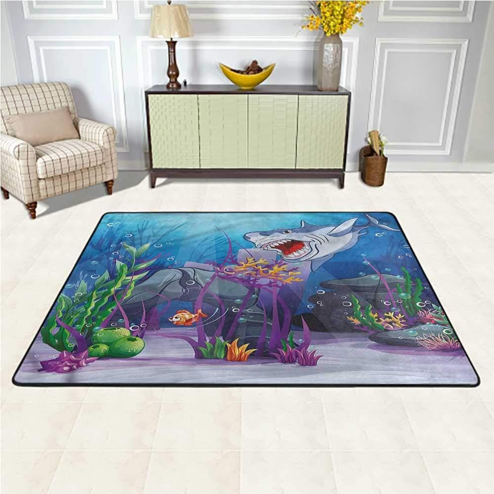 Carpet Ocean, Evil Shark Little Fish Baby Floor Playmats Crawling Mat Easy Clean Stain Resistant 7 x 7 Feet