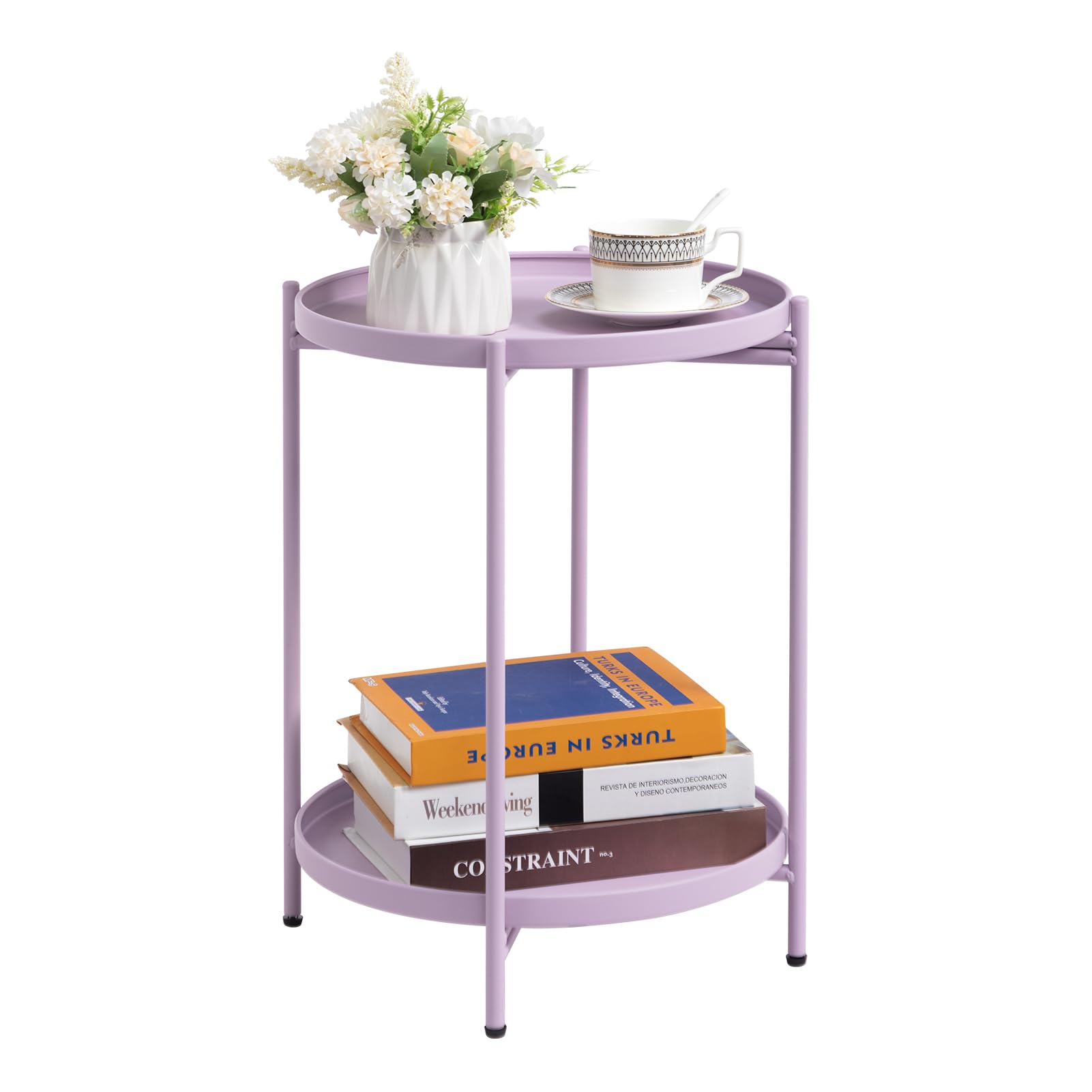 HollyHOME 2-Tier Round Side Table, Outdoor Small Folding Accent Stand with Removable Tray, Anti-Rust Metal Asional Table for Balcony Patio Living Room, Nightstand for Bedroom(Purple)