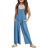 Haloumoning Girls Overalls Kids Casual Sleeveless Wide Leg Jumpsuit Loose Rompers with Pockets 5-14 Years