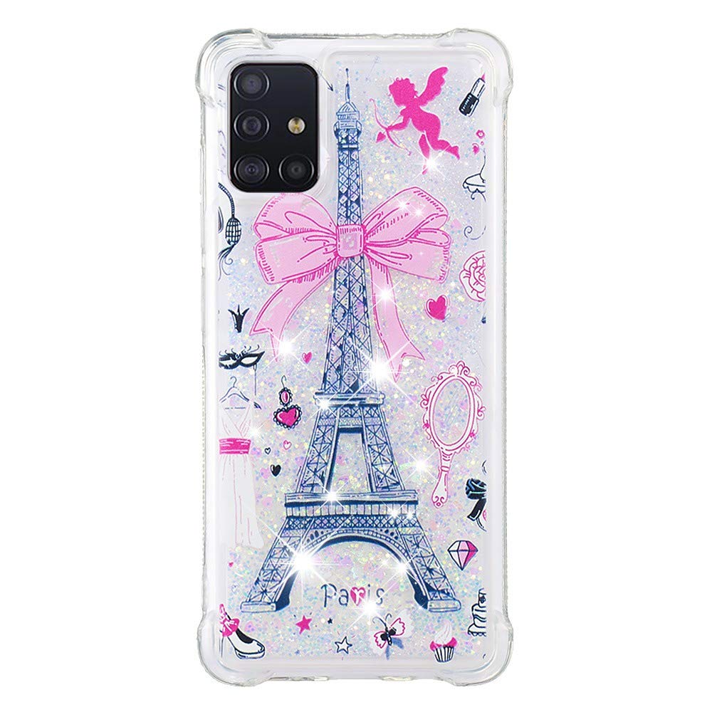 Reevermap Samsung Galaxy A51 Case, Clear Flexible Silicone TPU Case Glitter Bling Silver Liquid Quicksand Phone Cover for Samsung Galaxy A51 Tower